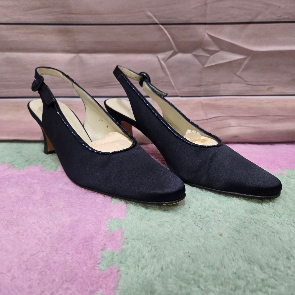 Vintage Talbots Blue Beaded Slingback Almond Toe Satin Women's Heels Size 10